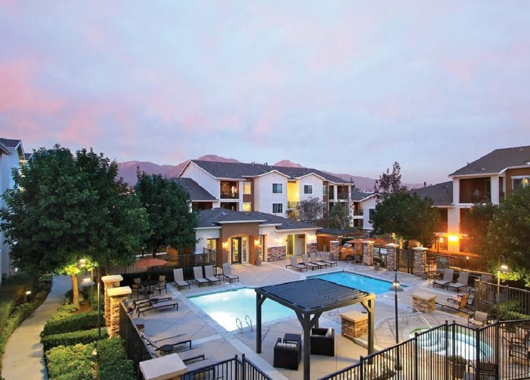Apartment courtyard with swimming pool in Upland, California